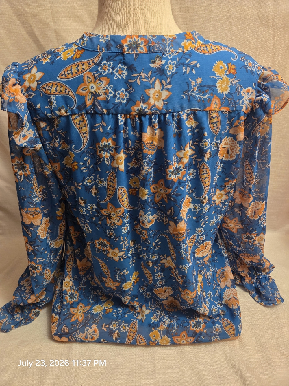 Women’s Blue Floral Paisley Tie-Neck Blouse - Picture 4 of 8